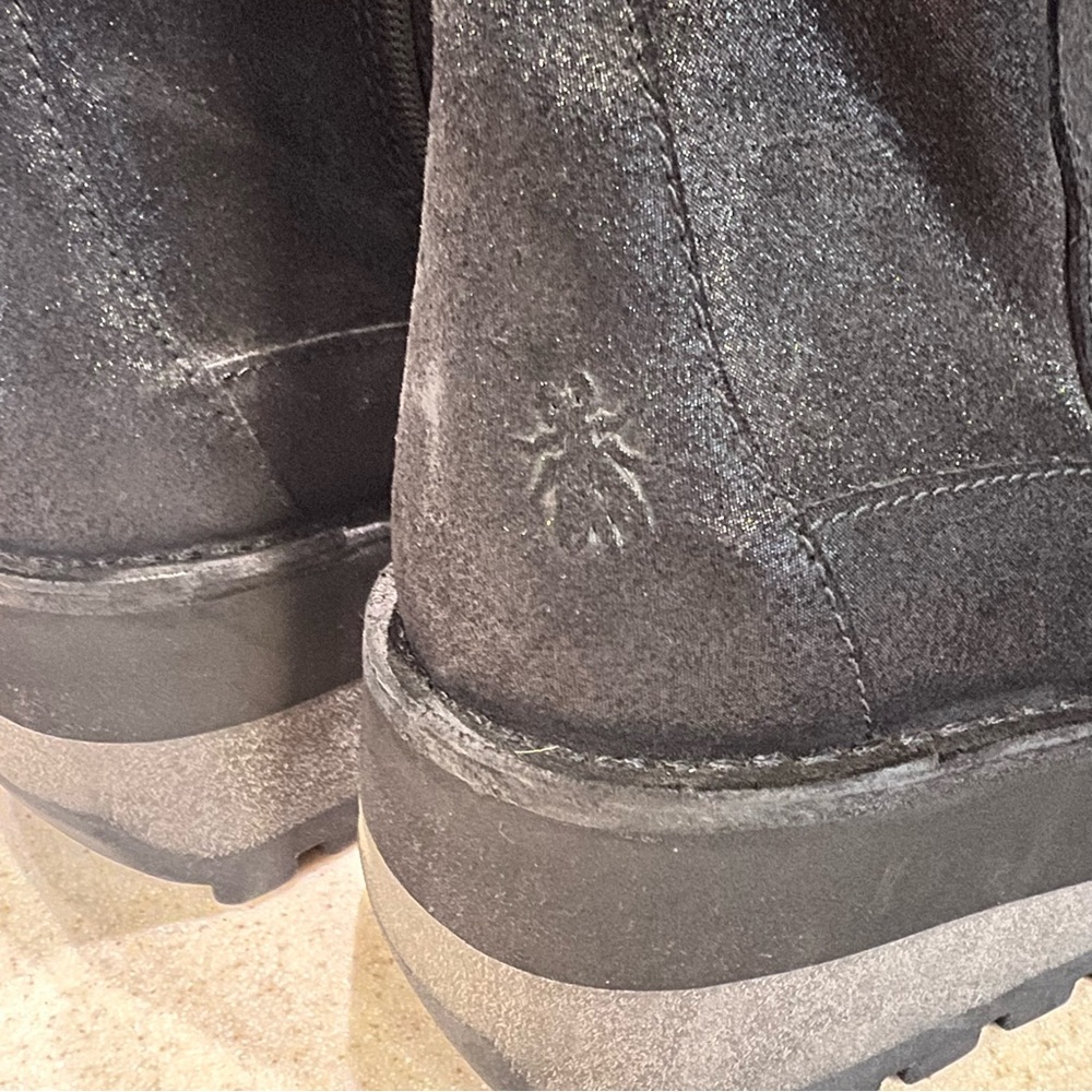 FLY London NWOB Black Glitter Wedge Ankle Booties Sz 38 - Picture 7 of 12